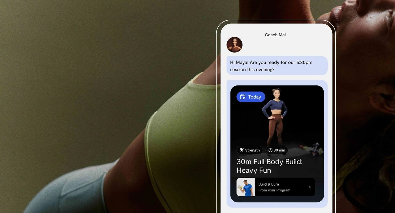A phone in Tempo’s app: a message from Coach Mel asks Maya if she’s ready for their 6:30 pm session, above today’s 30-minute Full Body Build class.