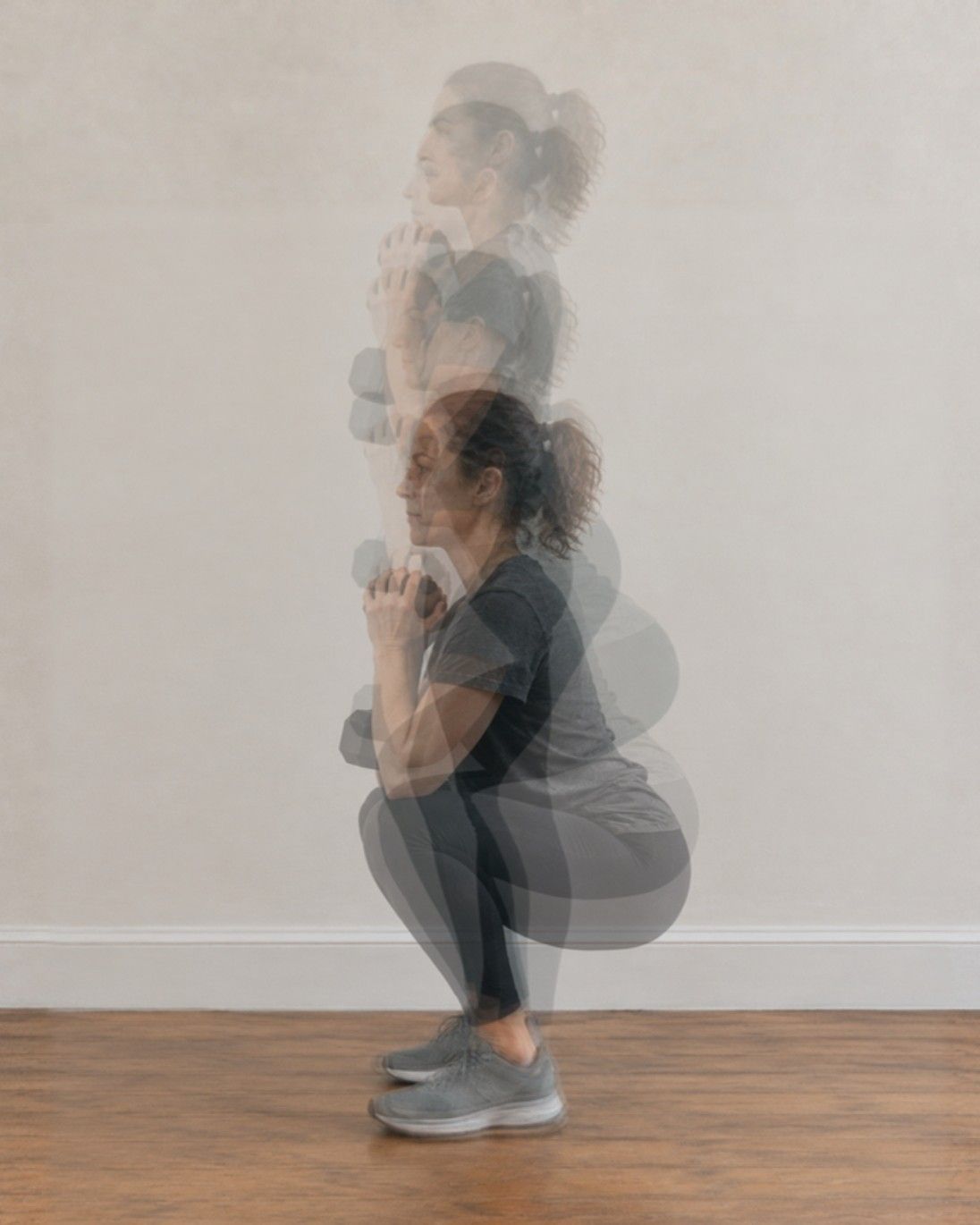 Five frames of one goblet squat layered into a single image, from standing to the bottom of the squat.