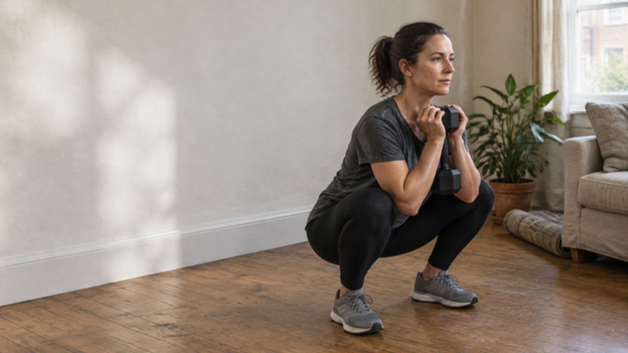 A woman in her forties holds a dumbbell at her chest at the bottom of a goblet squat in a sunlit living room.