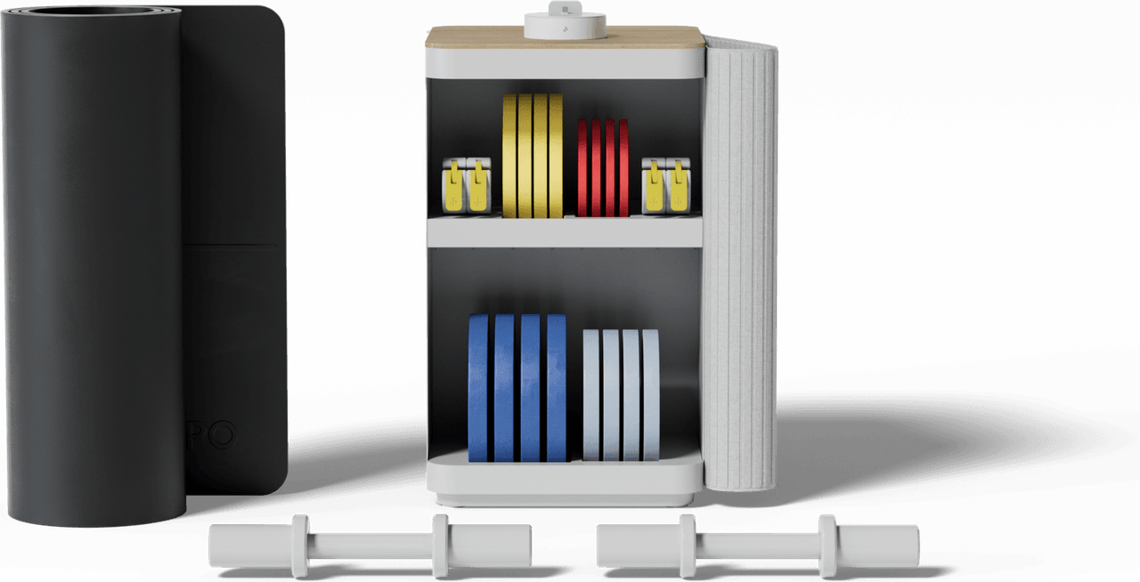 Tempo Move Plus bundle: the storage cabinet, open, with colour-coded plates on its shelves and two dumbbell handles in front.