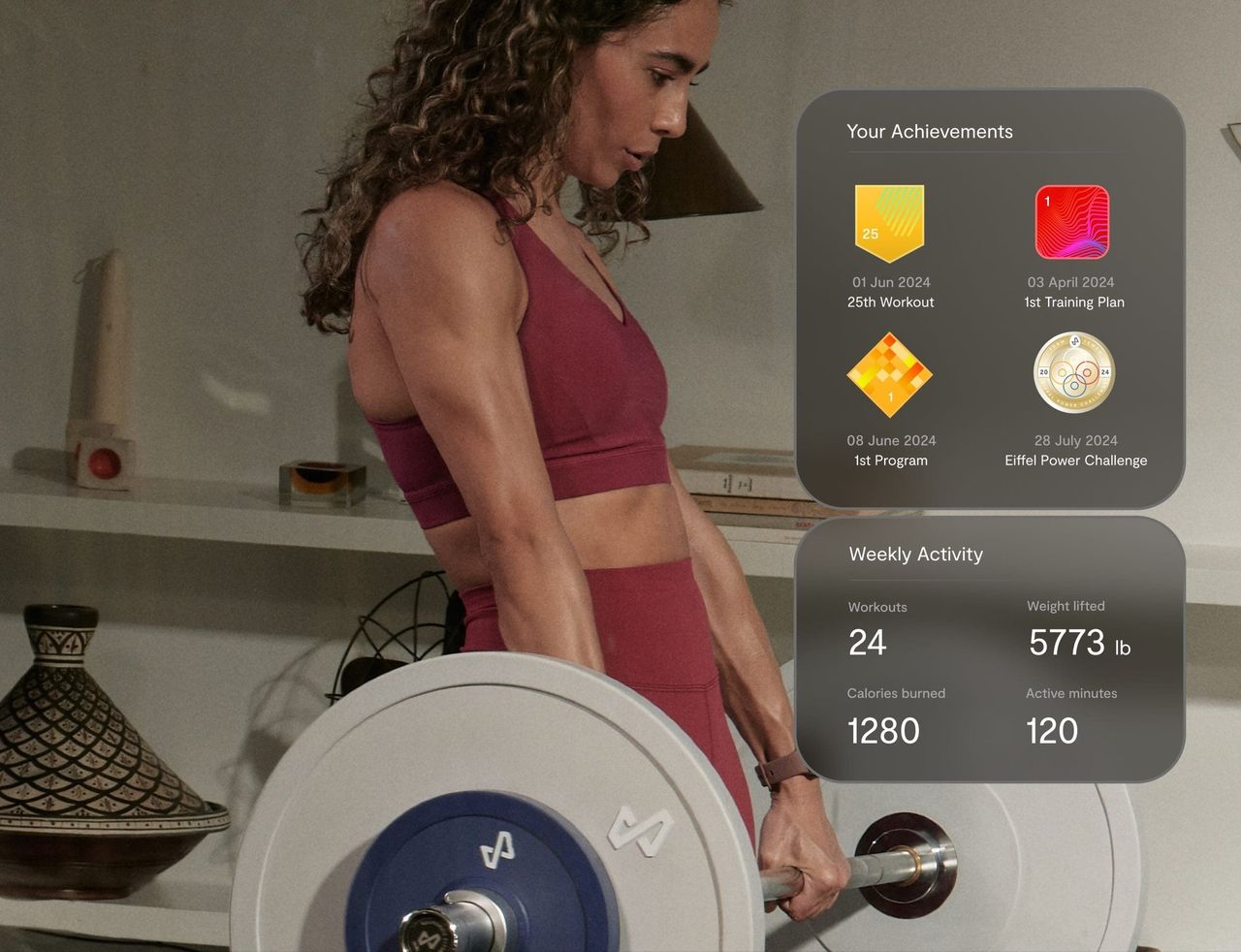 A woman lifts a barbell loaded with Tempo plates. Beside her, app cards show achievement badges and a week of activity: 24 workouts, 5,773 lb lifted, 1,280 calories and 120 active minutes.