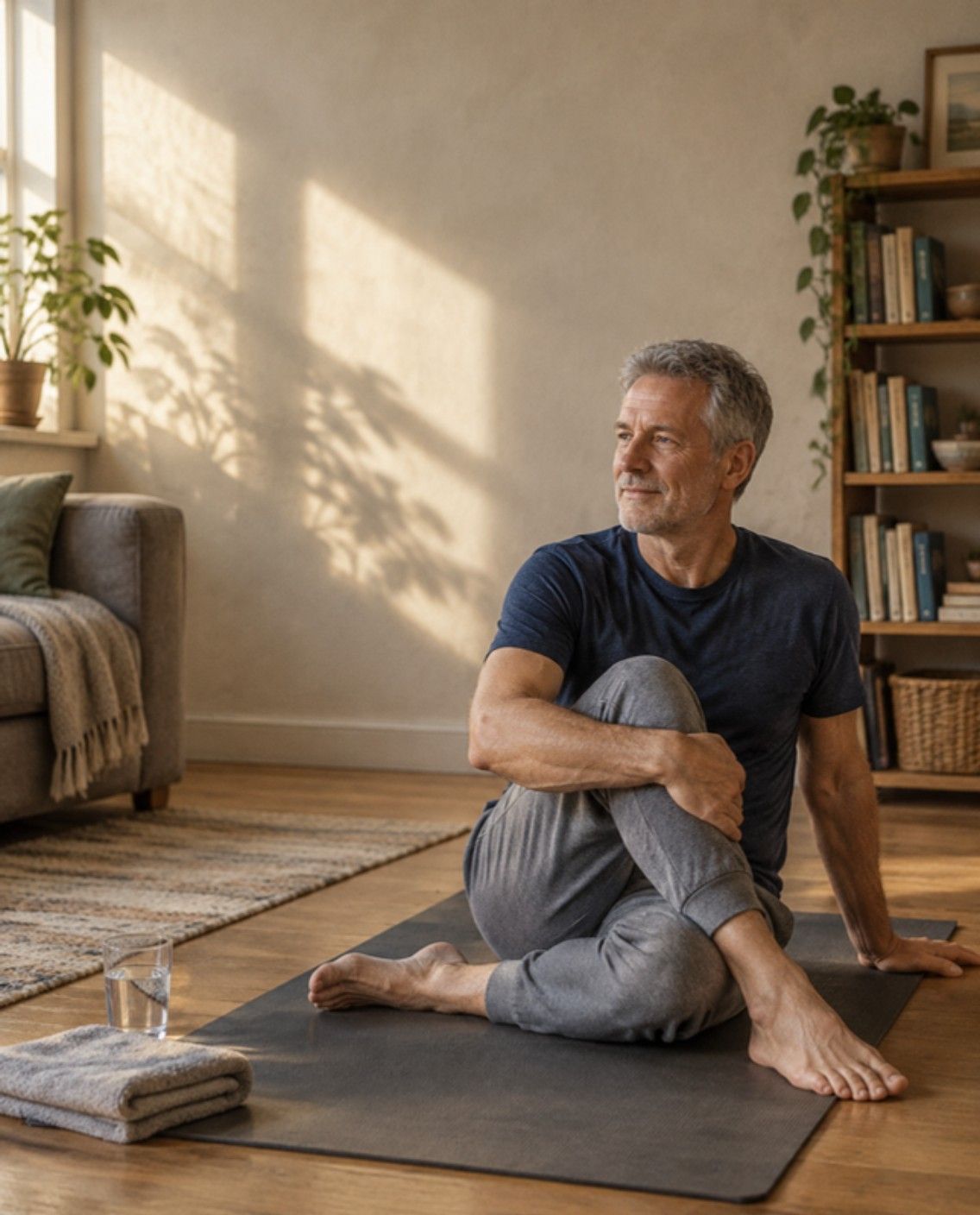 A man in his fifties does a gentle seated stretch on a mat in a sunlit room.